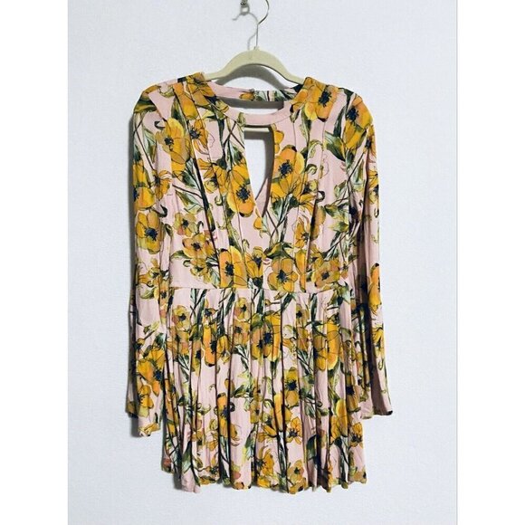 Free People Womens 4 Tegan Mini Dress Floral Print Slit Bell Sleeves Boho - Picture 2 of 9